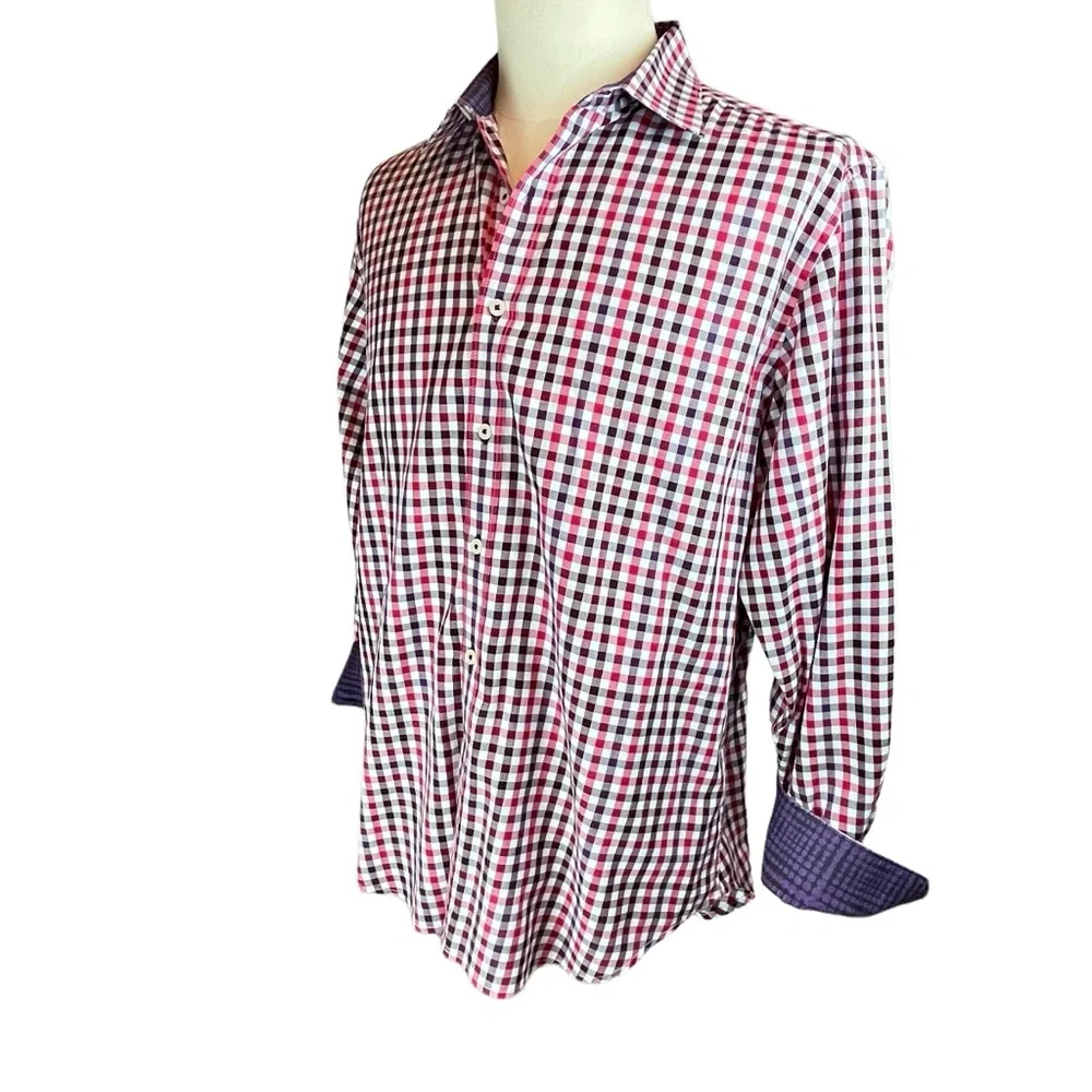 ROBERT GRAHAM Red Checked Gingham Shirt Men's Sz L‎ Fold Back Cuffs Long Sleeve - Picture 5 of 14